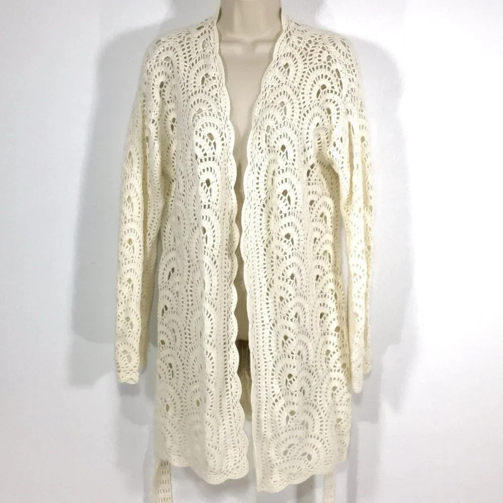 Jones New York Crochet Wool Angora Blend Open Cardigan Sweater Sz M Boho Chic